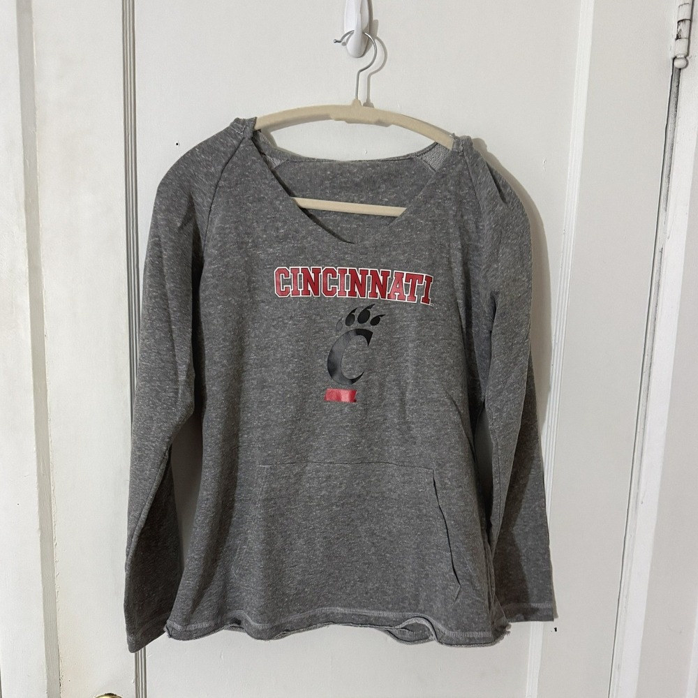 Cincinnati Bearcats Womens V-Neck Hoodie Gray Heathered Graphic Sweatshirt L